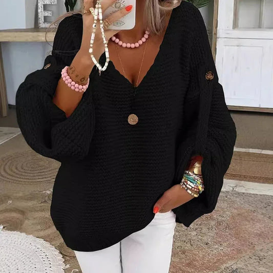 Lady Casual Knitted V Neck Sweater Fall Winter Fashion Button Warm Commuter Jumper Elegant Solid Adjustable Long Sleeve Pullover