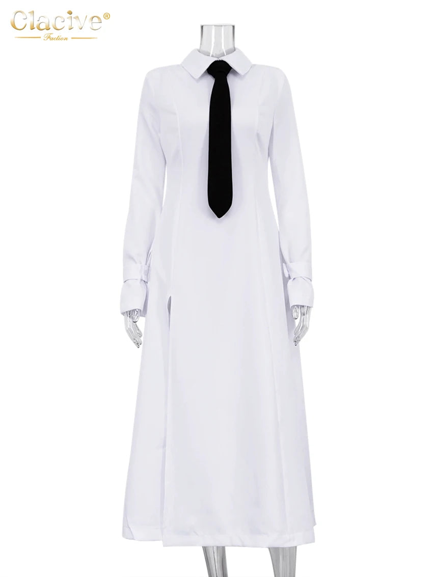 Elegant Slim White Office Dress with Lapel and Long Sleeves - Ankle Length Classic Dress with Slit for Women 2024