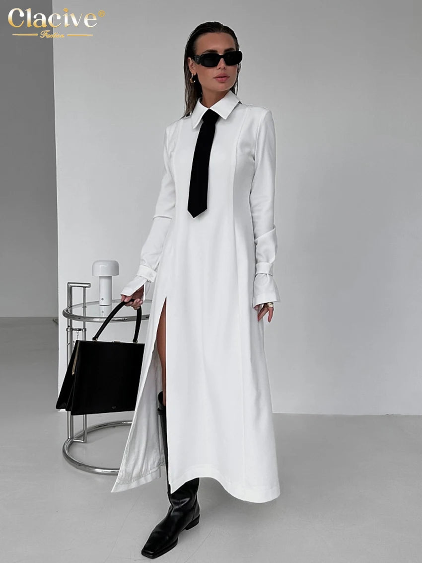 Elegant Slim White Office Dress with Lapel and Long Sleeves - Ankle Length Classic Dress with Slit for Women 2024