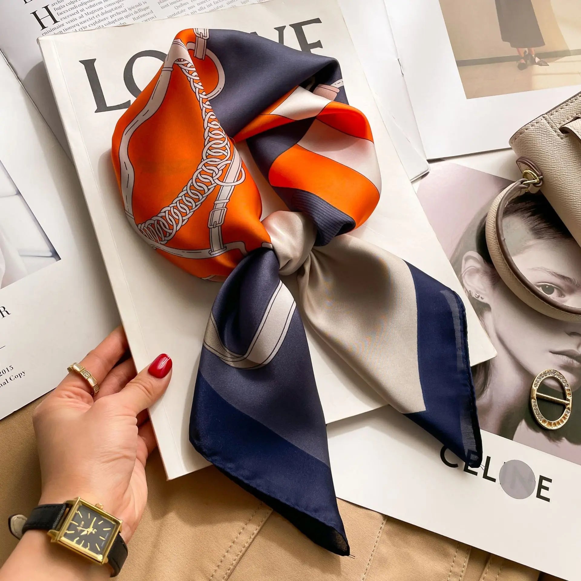 Luxury Brand 2023 Silk Square Scarf Women Cat Neck Hair Tie Band Beach Hijab Kerchief Head Headbands Bandana Female Foulard 70Cm