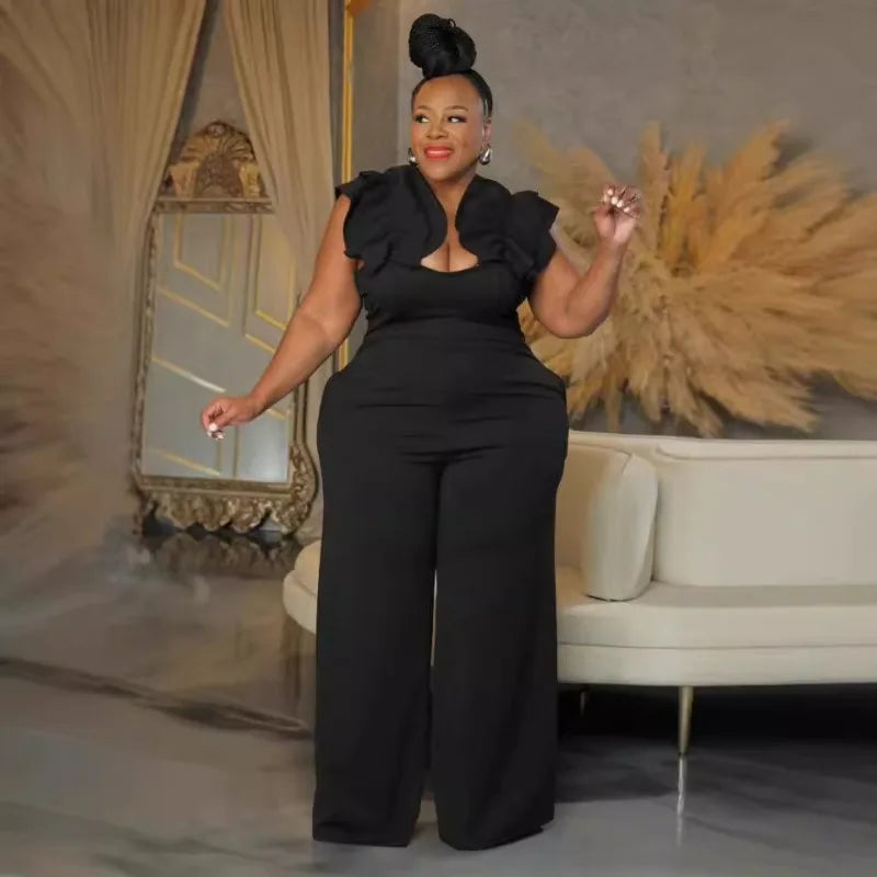 plus Size Women V-Neck Sleeveless Wide Leg Jumpsuits 2024 Streetwear Evening Party Chic Playsuits One Piece Suit Rompers