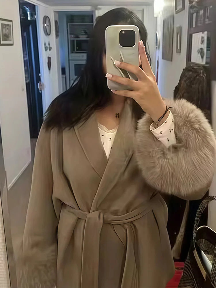 Elegant Lapel Woolen Jacket with Belt Women 2025 Autumn Wool Blend Faux Fur Cuffed Sleeve Coats Fashion Lady Lace up Outerwear
