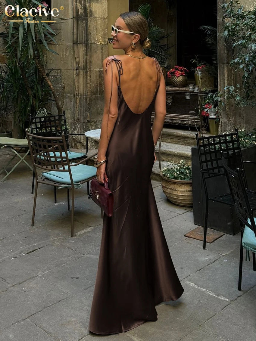 Elegant Brown Satin Maxi Dress for Women with Sleeveless Straps and Backless Design - Summer 2025 Collection