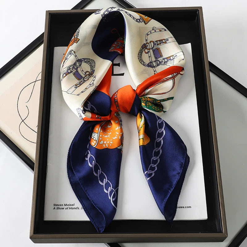 Luxury Brand 2023 Silk Square Scarf Women Cat Neck Hair Tie Band Beach Hijab Kerchief Head Headbands Bandana Female Foulard 70Cm