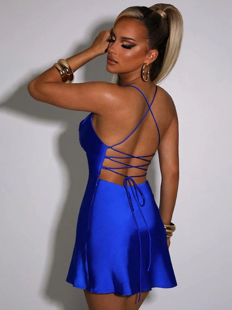 Elegant Spaghetti Strap Cross Ribbon Mini Dress Women Pleated Lace up Party Club Dress Female Y2K Sexy Backless Bodycon Dresses