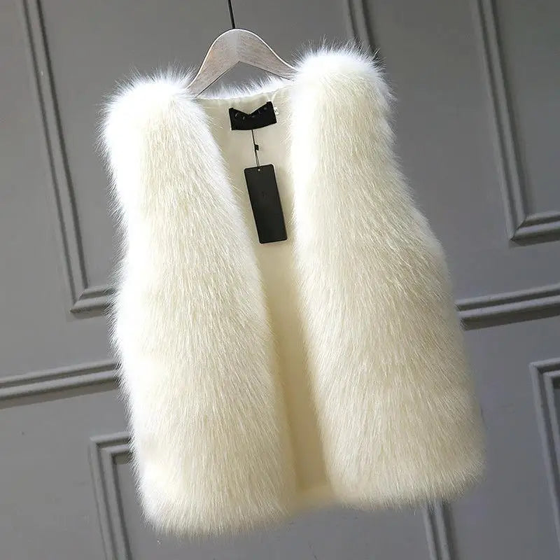 2025 Women'S Thickened Warm Fox Fur Vest Spring Autumn Outerwear Cotton Lined Versatile Slimming Faux Fur Backless Tank Top