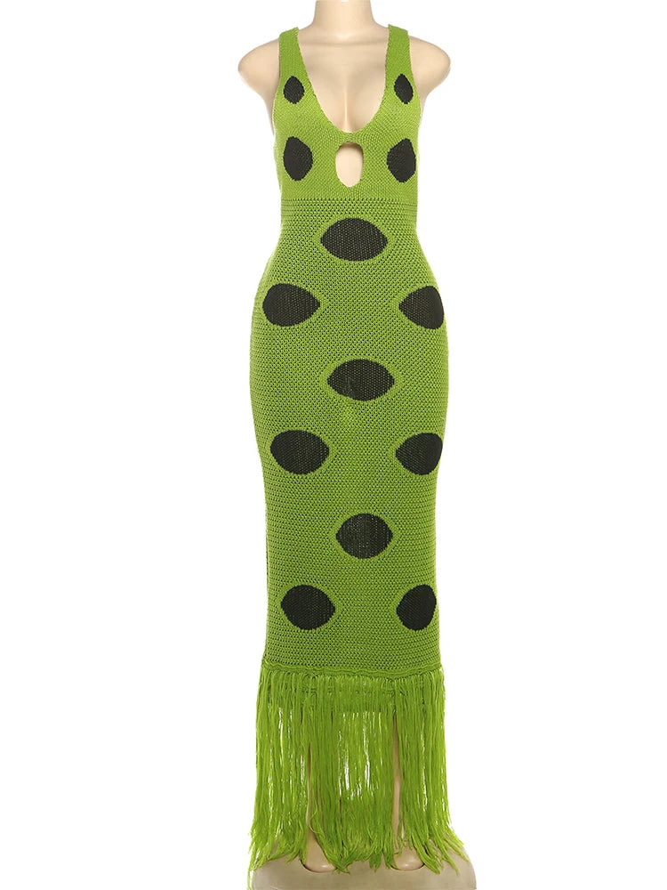 Multilayer Tassels Hem Maxi Dress Knit Dot Women Hollow Low-Neck Sleeveless Skinny Beach Party Summer Fashion Vestidos