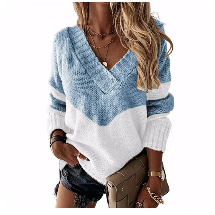 Women'S Sweater Autumn Fashion Colorblock Long Sleeve V Neck Casual Daily Pullover Loose New Knit Sweater Womens Clothing