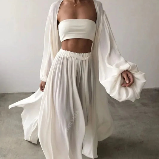 Sexy Solid Color Three-Piece Set 2025 Autumn Women Tube Top Beach Dress Crop Top Trousers Long Sleeve Cardigan 3 Piece Set A1642