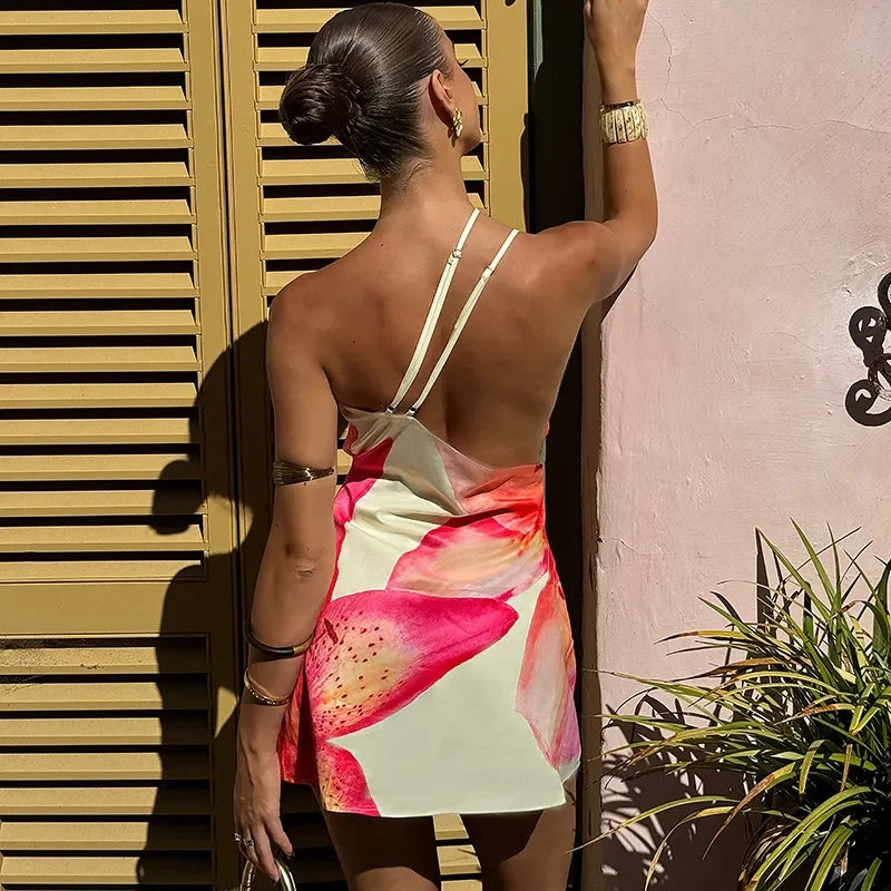 One-Shoulder Floral Print Mini Dress for Women - Summer Backless Sleeveless Bodycon Beach Vacation Outfit