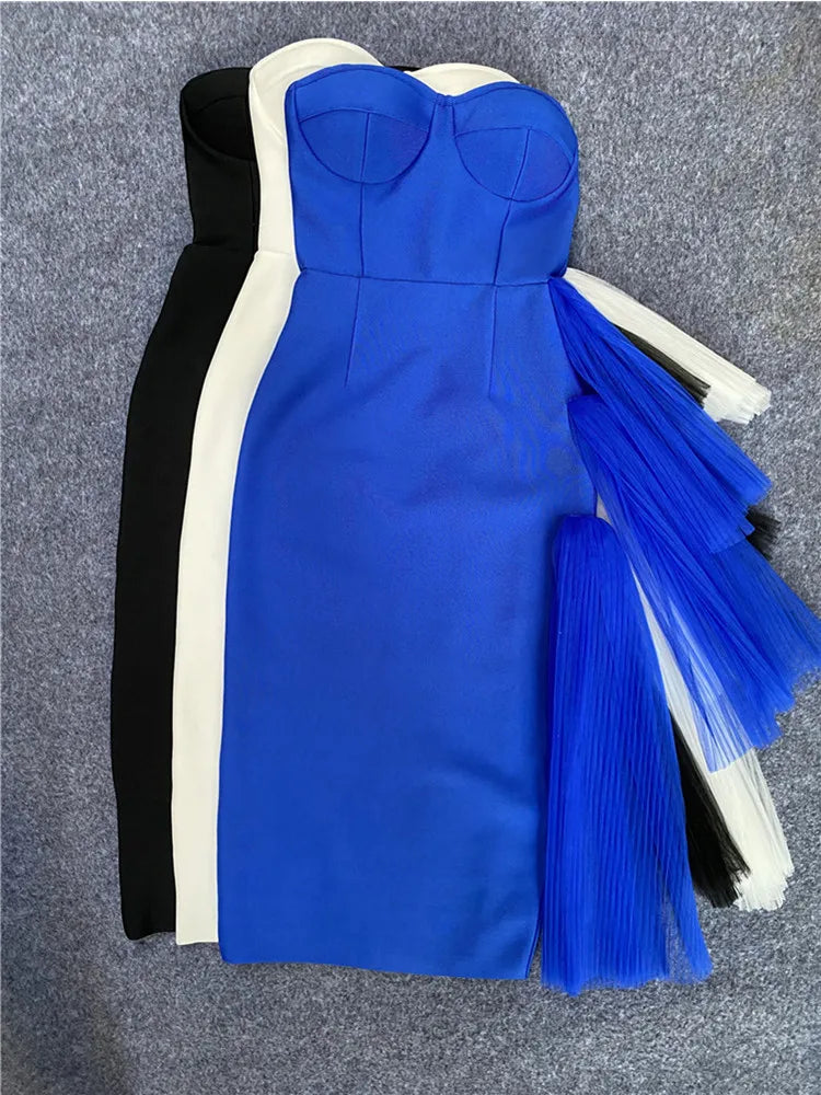 New Pink Color Women Strapless Sexy Ruffles Bodyocn Mid-Calf Dress Rayon Bandage Celebrate Birthday Party Dress Wholesale