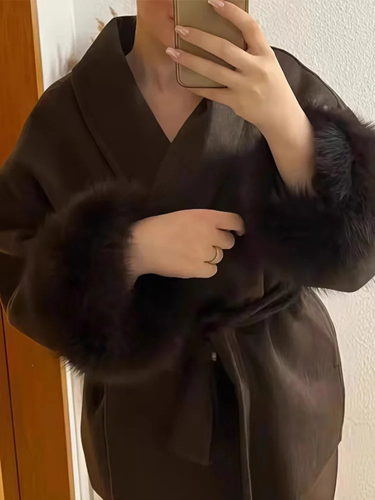 Elegant Lapel Woolen Jacket with Belt Women 2025 Autumn Wool Blend Faux Fur Cuffed Sleeve Coats Fashion Lady Lace up Outerwear