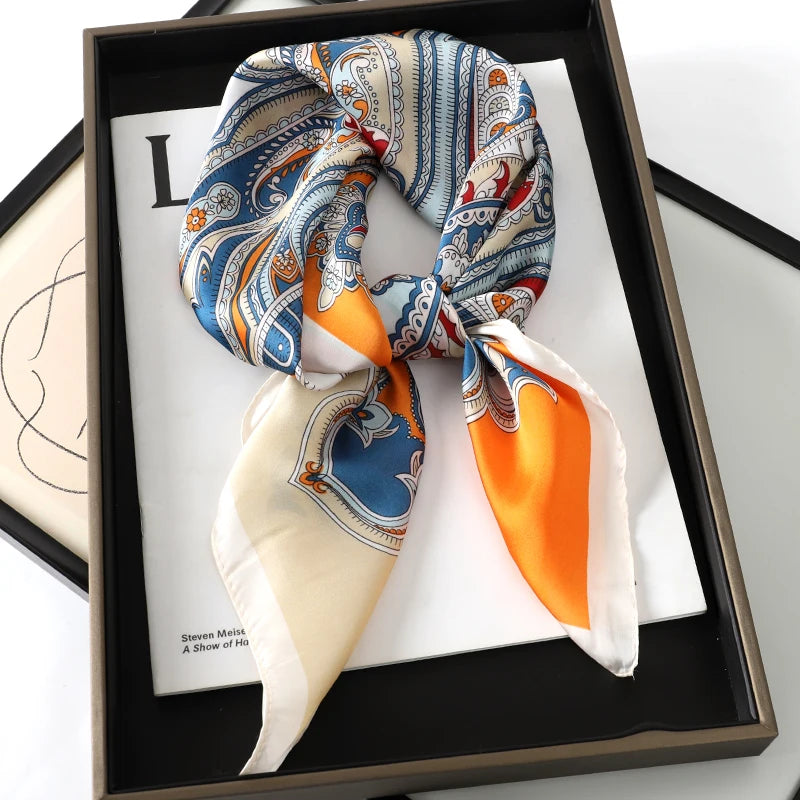 Luxury Brand 2023 Silk Square Scarf Women Cat Neck Hair Tie Band Beach Hijab Kerchief Head Headbands Bandana Female Foulard 70Cm