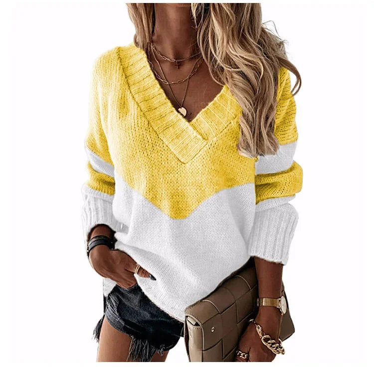 Women'S Sweater Autumn Fashion Colorblock Long Sleeve V Neck Casual Daily Pullover Loose New Knit Sweater Womens Clothing