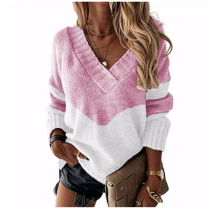 Women'S Sweater Autumn Fashion Colorblock Long Sleeve V Neck Casual Daily Pullover Loose New Knit Sweater Womens Clothing