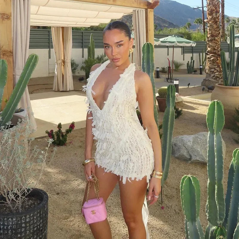 2025 Women's Elegant Halter Neck Tassel Dress in White - Y2K-Inspired Backless Bodycon Clubwear for Summer
