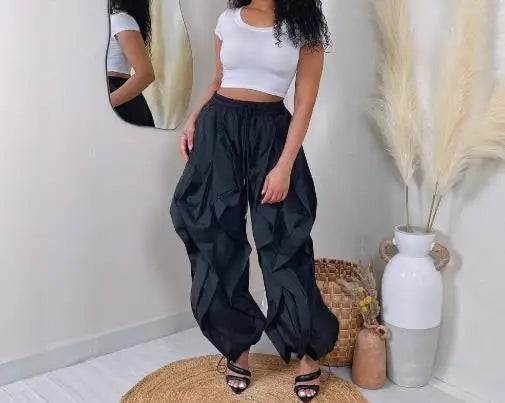 Elegant Women's Cargo Pants with Patchwork Lace and Pleated Waistband, Trendy Drawstring Design for Commuting