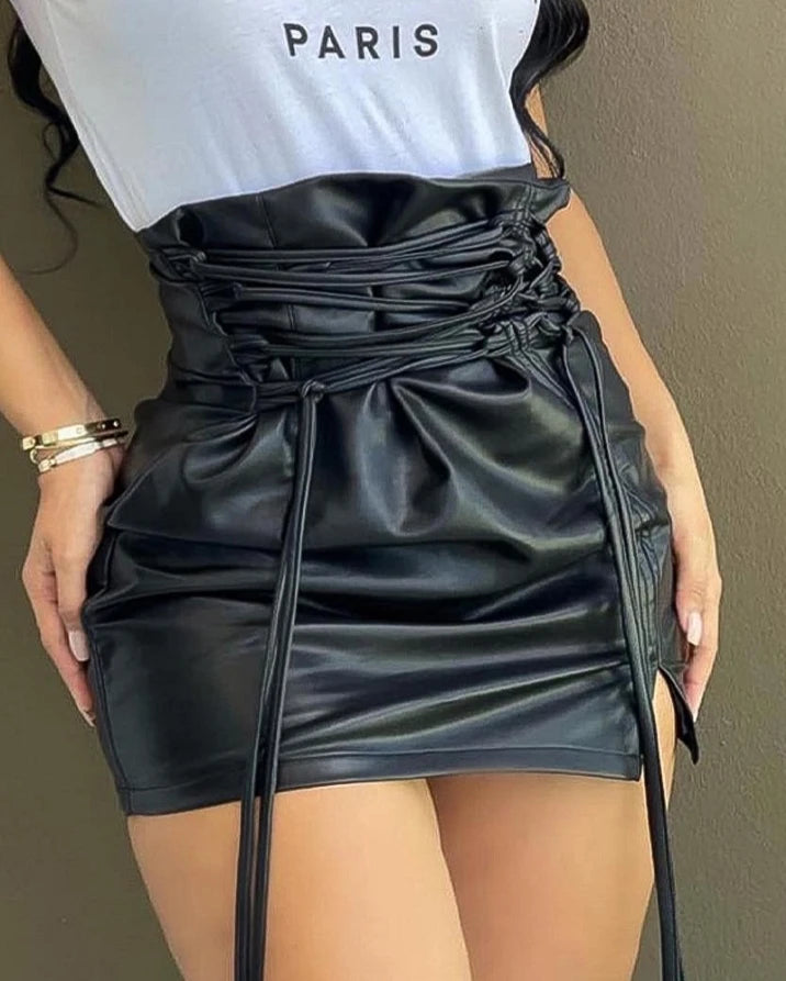 Women'S Short Skirt 2024 New Mini Fashion Short Skirt Lace up Sexy High Waist Wrap Hip Pu Leather Lace up Pleated Mini Skirt