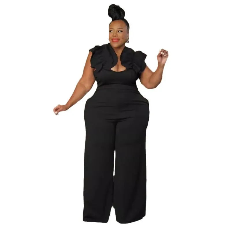 plus Size Women V-Neck Sleeveless Wide Leg Jumpsuits 2024 Streetwear Evening Party Chic Playsuits One Piece Suit Rompers