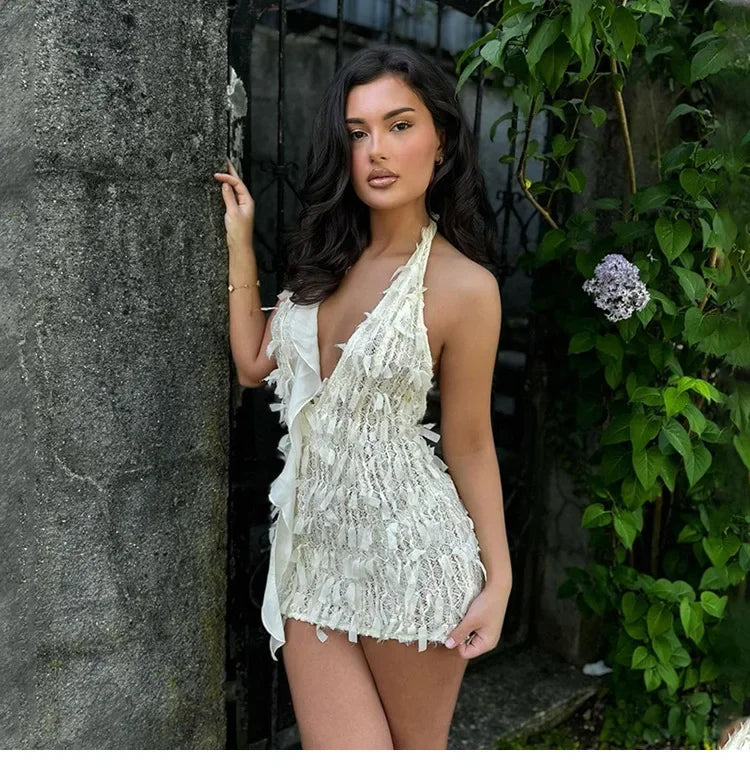2025 Women's Elegant Halter Neck Tassel Dress in White - Y2K-Inspired Backless Bodycon Clubwear for Summer
