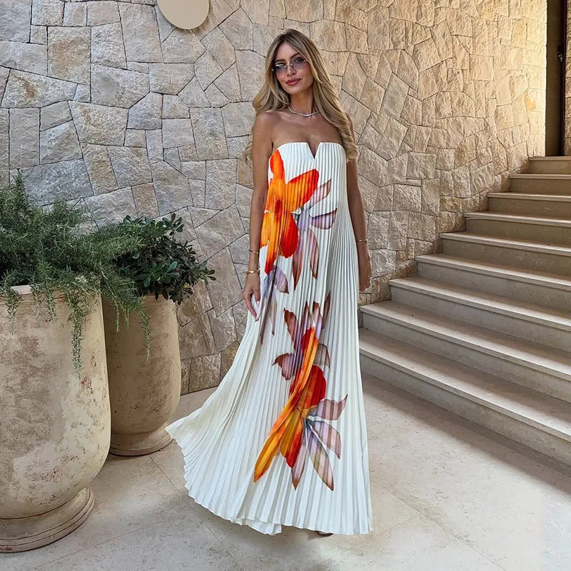 Sexy Print Tube Tops Dresses Women Fashion Sleeveless Backless Loose Pleated Long Dress Female 2025 Summer Beach Lady Robes
