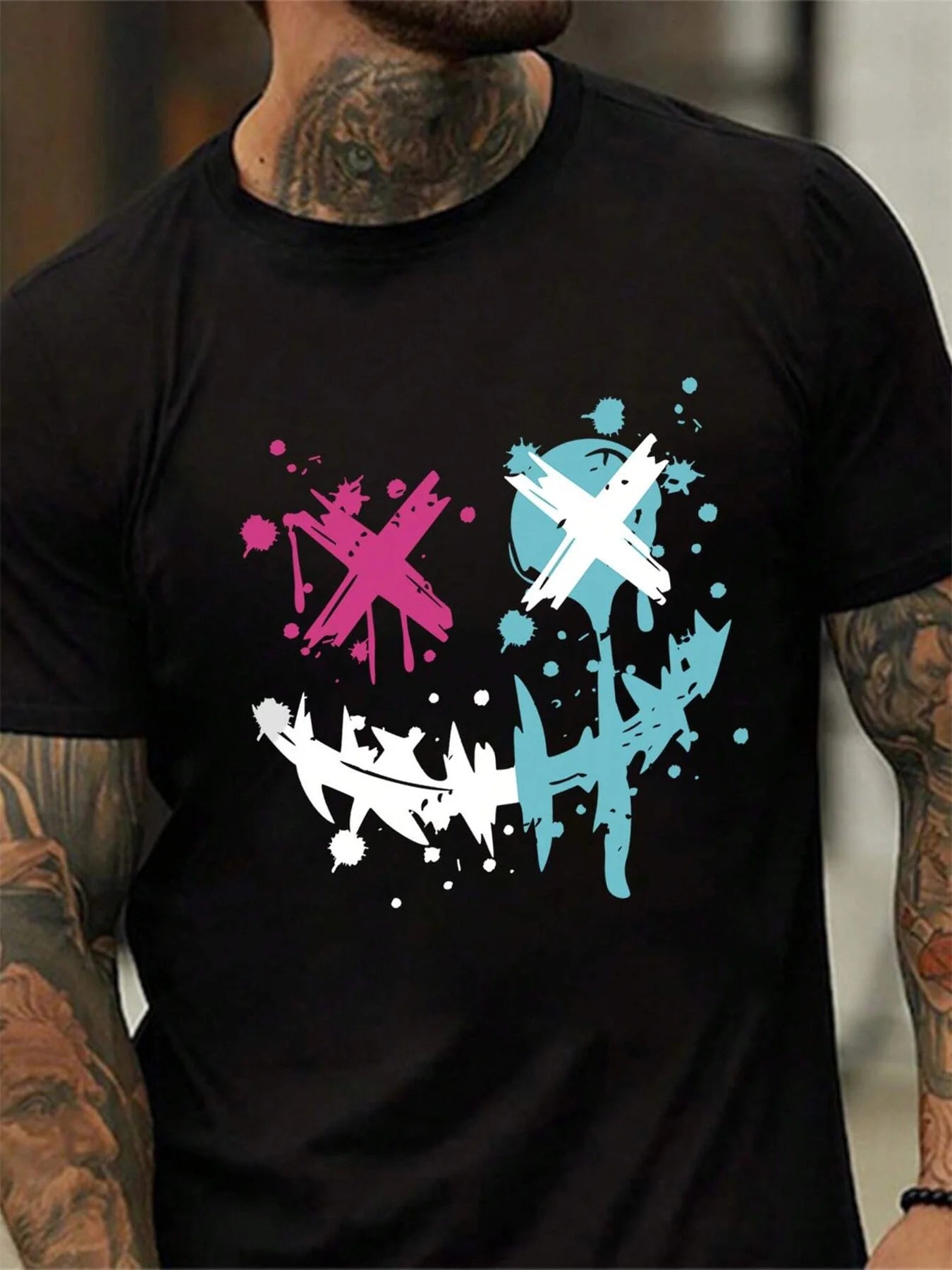 Summer Men'S 100% Pure Cotton Casual Loose Size Smiley Face Pattern Printed Sports Comfortable round Neck Short Sleeved T-Shirt