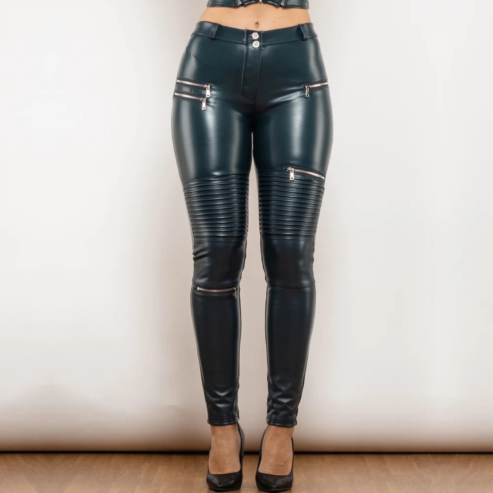 Melody Blue Leather Tapered Pants Motor Leather Trousers Shaping Leather Leggings with Zippers