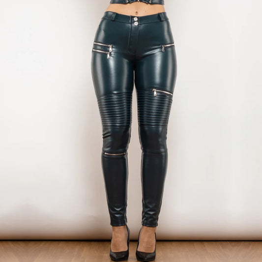 Melody Blue Leather Tapered Pants Motor Leather Trousers Shaping Leather Leggings with Zippers