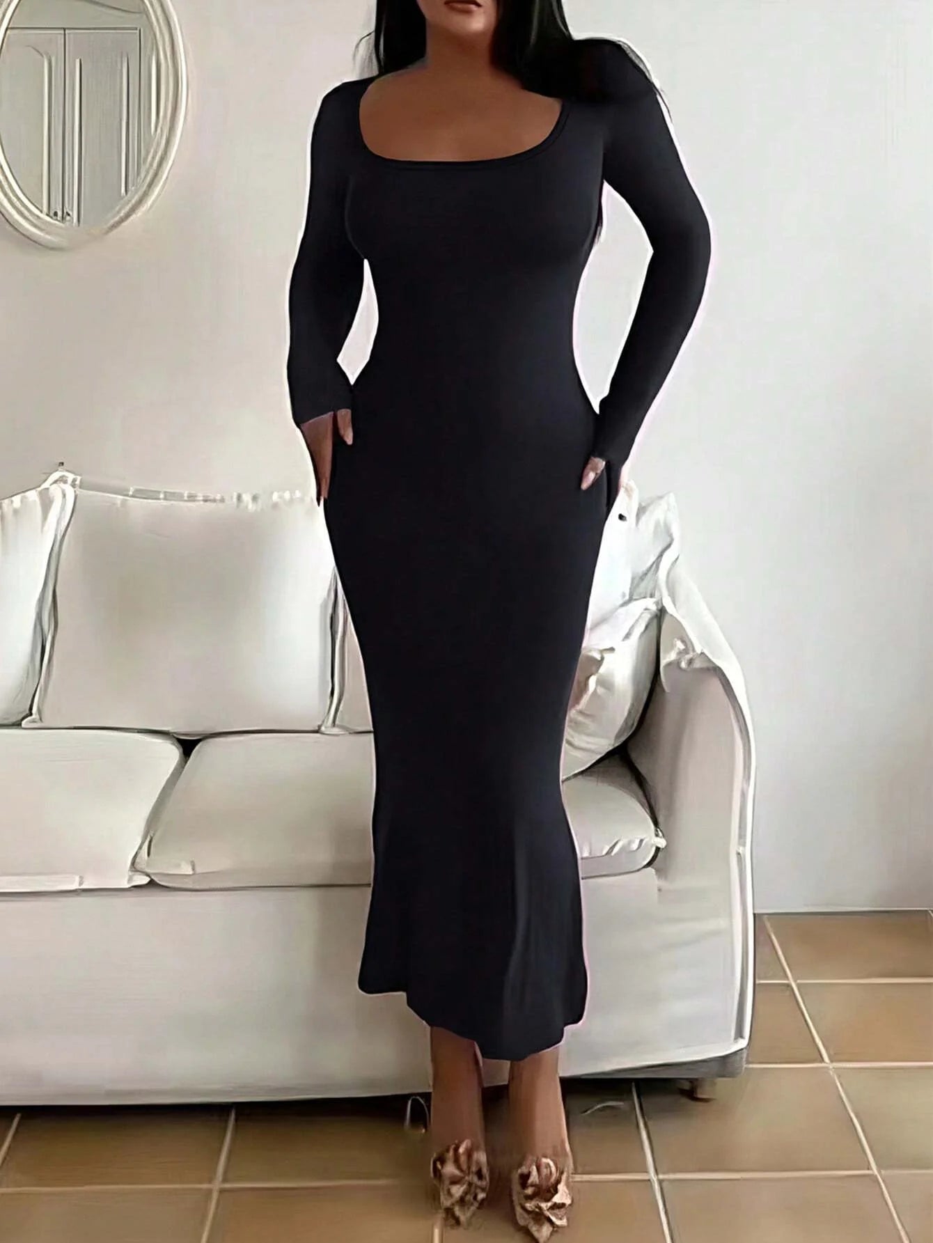 Women'S Solid Long Sleeve Bodycon Dress, Chic Basic Minimalist Causual Fashion Scoop Neck Long Dress, Womenswear