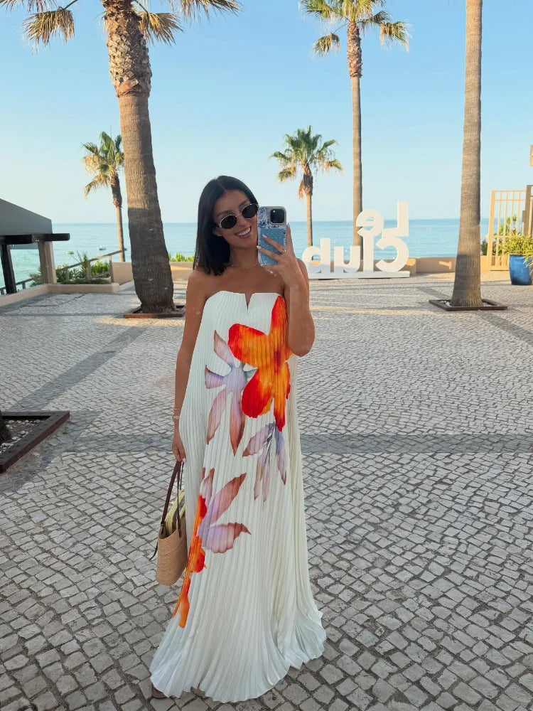Sexy Print Tube Tops Dresses Women Fashion Sleeveless Backless Loose Pleated Long Dress Female 2025 Summer Beach Lady Robes
