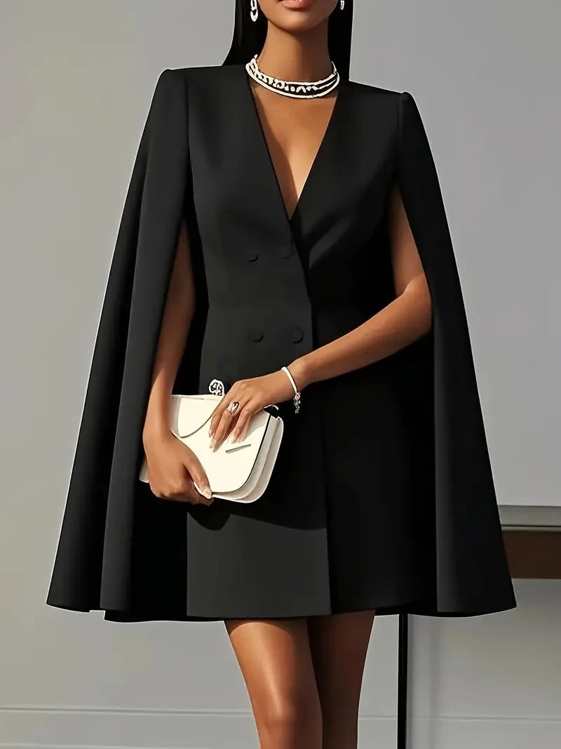 Women Fashion Commuter Solid Blazers Dress Office Double Breasted Waist Party Dress Elegant V-Neck Shawl Cape Sleeve Midi Dress