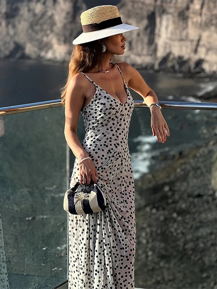 Polka Dot Sling Dress Women V Neck Sleeveless Backless High Waist Robe Female 2025 Summer Fashion Chic a Line Dresses Lady