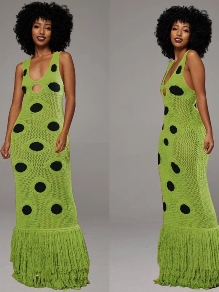 Multilayer Tassels Hem Maxi Dress Knit Dot Women Hollow Low-Neck Sleeveless Skinny Beach Party Summer Fashion Vestidos