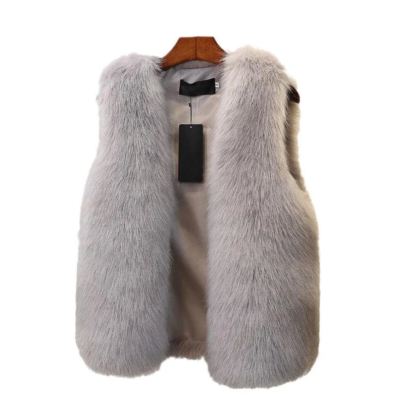 2025 Women'S Thickened Warm Fox Fur Vest Spring Autumn Outerwear Cotton Lined Versatile Slimming Faux Fur Backless Tank Top