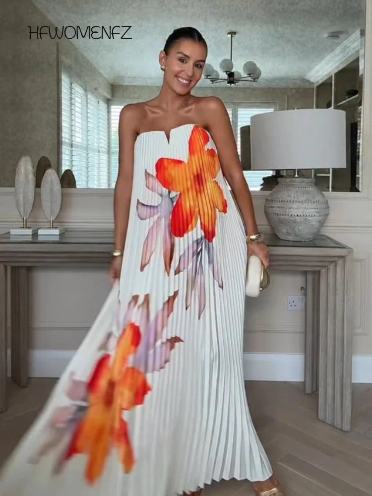 Sexy Print Tube Tops Dresses Women Fashion Sleeveless Backless Loose Pleated Long Dress Female 2025 Summer Beach Lady Robes