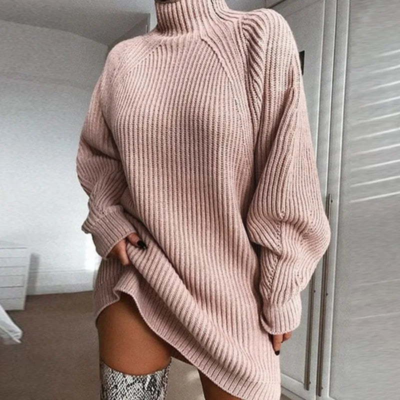 Women Turtleneck Sweater Dress Autumn Solid Long Sleeve Casual Elegant Mini Oversized Knitted Dress Winter Clothes