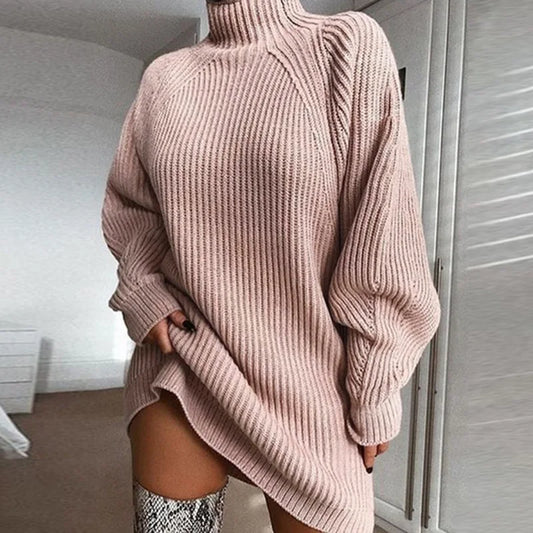 Women Turtleneck Sweater Dress Autumn Solid Long Sleeve Casual Elegant Mini Oversized Knitted Dress Winter Clothes