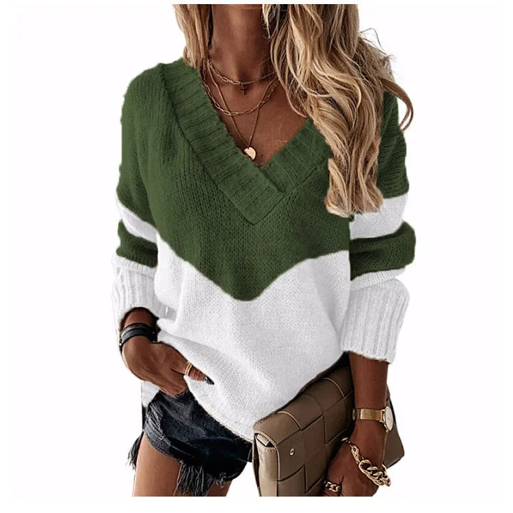 Women'S Sweater Autumn Fashion Colorblock Long Sleeve V Neck Casual Daily Pullover Loose New Knit Sweater Womens Clothing