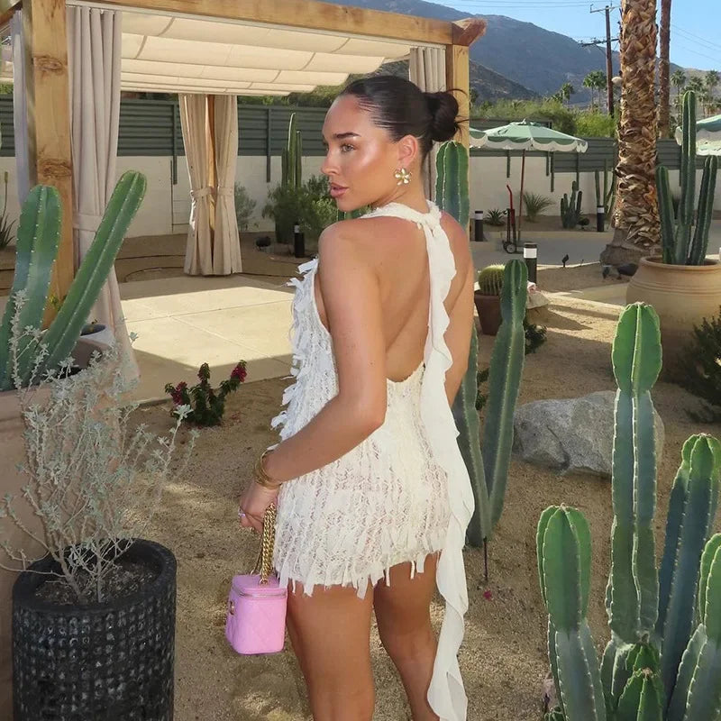 2025 Women's Elegant Halter Neck Tassel Dress in White - Y2K-Inspired Backless Bodycon Clubwear for Summer