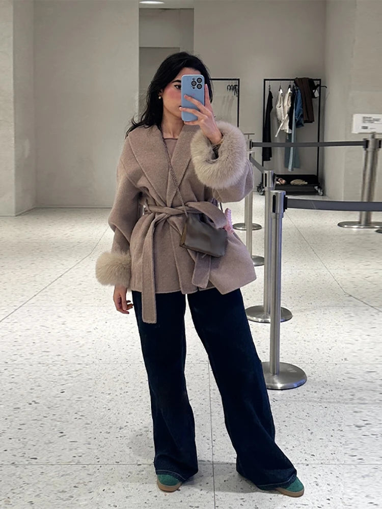 Elegant Lapel Woolen Jacket with Belt Women 2025 Autumn Wool Blend Faux Fur Cuffed Sleeve Coats Fashion Lady Lace up Outerwear