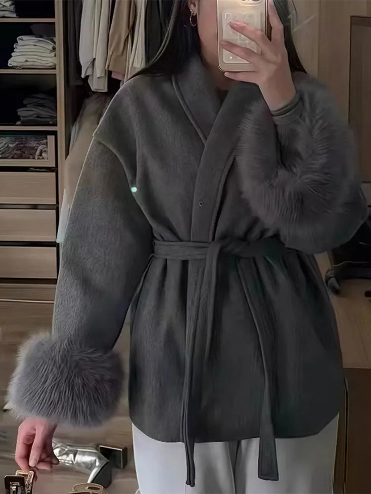 Elegant Lapel Woolen Jacket with Belt Women 2025 Autumn Wool Blend Faux Fur Cuffed Sleeve Coats Fashion Lady Lace up Outerwear