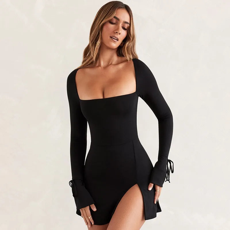 Spring Collection Women's Mini Dress - Long Sleeve Lace-Up Split Design in Black, Elegant and Casual Slim Fit