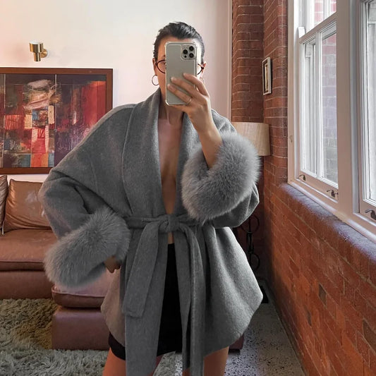 Elegant Lapel Woolen Jacket with Belt Women 2025 Autumn Wool Blend Faux Fur Cuffed Sleeve Coats Fashion Lady Lace up Outerwear