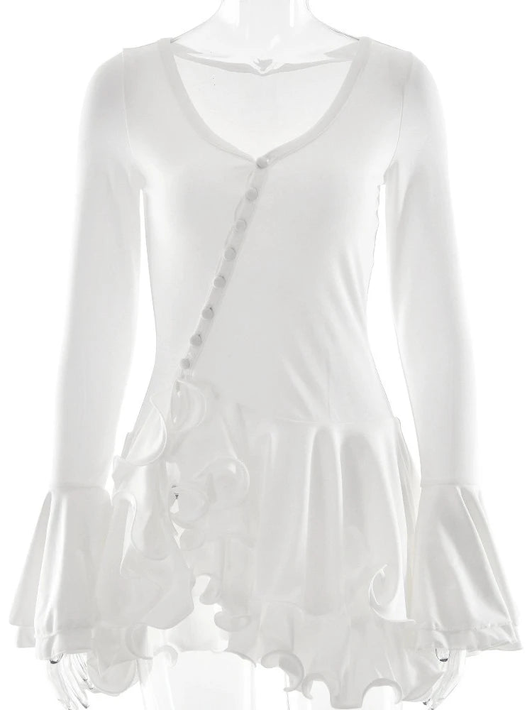 Flare Sleeve Ruffle V-Neck Mini Dress for Women - Irregular Single-Breasted High Waist Slim A-Line Club Dress 2025