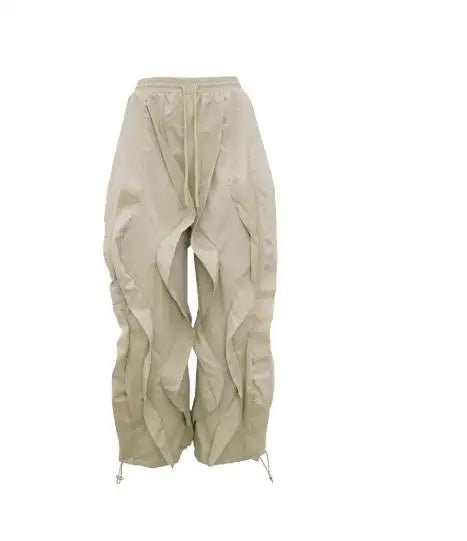 Elegant Women's Cargo Pants with Patchwork Lace and Pleated Waistband, Trendy Drawstring Design for Commuting