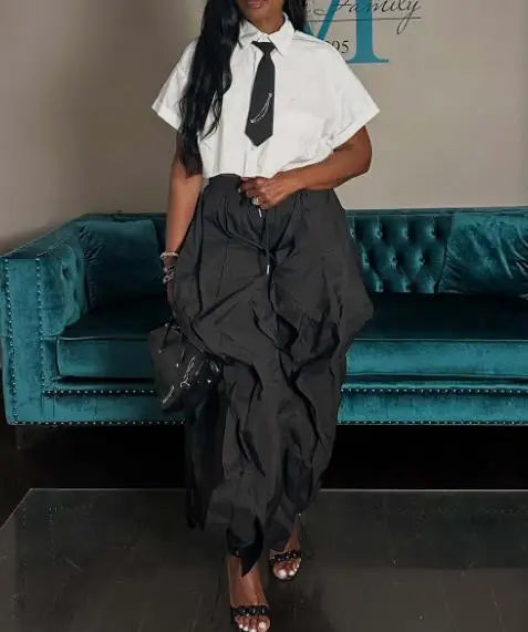 Elegant Women's Cargo Pants with Patchwork Lace and Pleated Waistband, Trendy Drawstring Design for Commuting