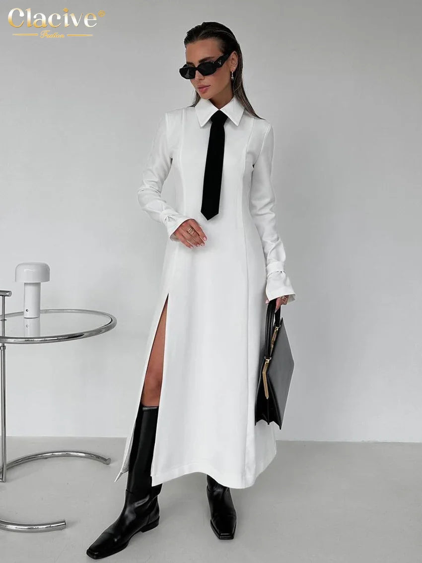 Elegant Slim White Office Dress with Lapel and Long Sleeves - Ankle Length Classic Dress with Slit for Women 2024