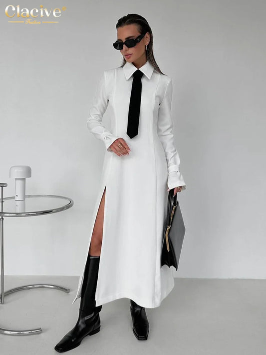Elegant Slim White Office Dress with Lapel and Long Sleeves - Ankle Length Classic Dress with Slit for Women 2024