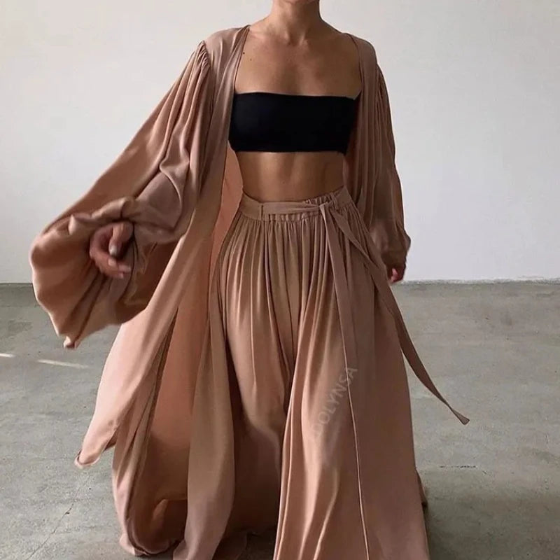 Sexy Solid Color Three-Piece Set 2025 Autumn Women Tube Top Beach Dress Crop Top Trousers Long Sleeve Cardigan 3 Piece Set A1642