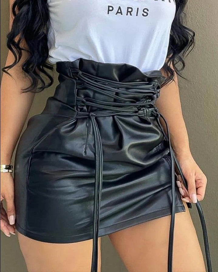 Women'S Short Skirt 2024 New Mini Fashion Short Skirt Lace up Sexy High Waist Wrap Hip Pu Leather Lace up Pleated Mini Skirt